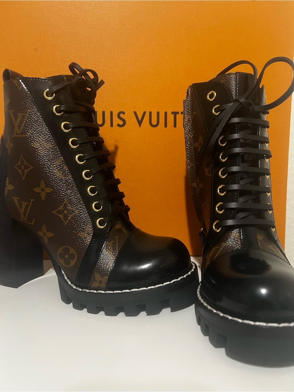 Louis Vuitton Black and Brown Monogram Lace-Up Platform Boots